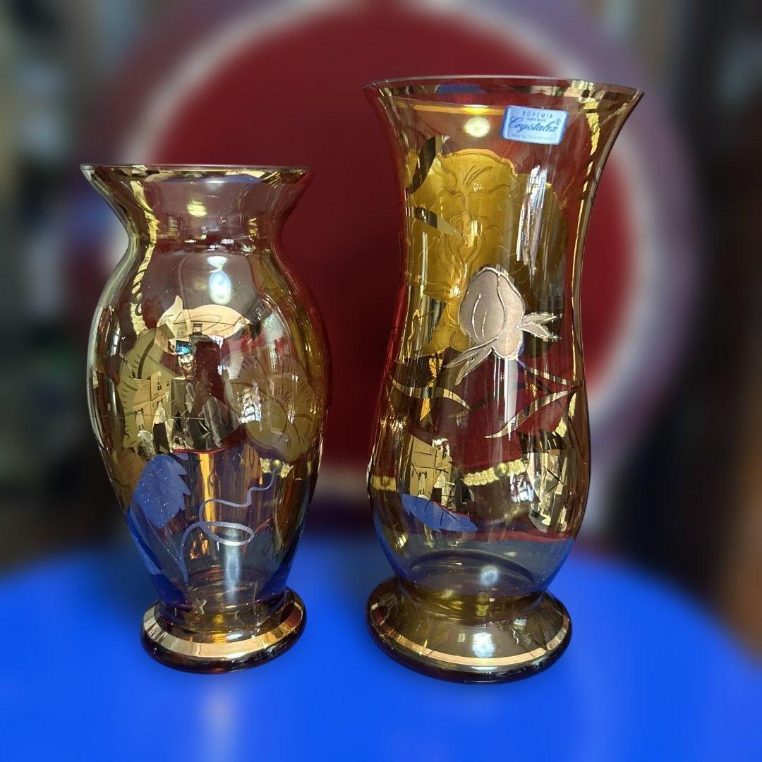 Bohemia ボヘミア花瓶　金色装飾のガラス花瓶2点　高さ26cm、23cm