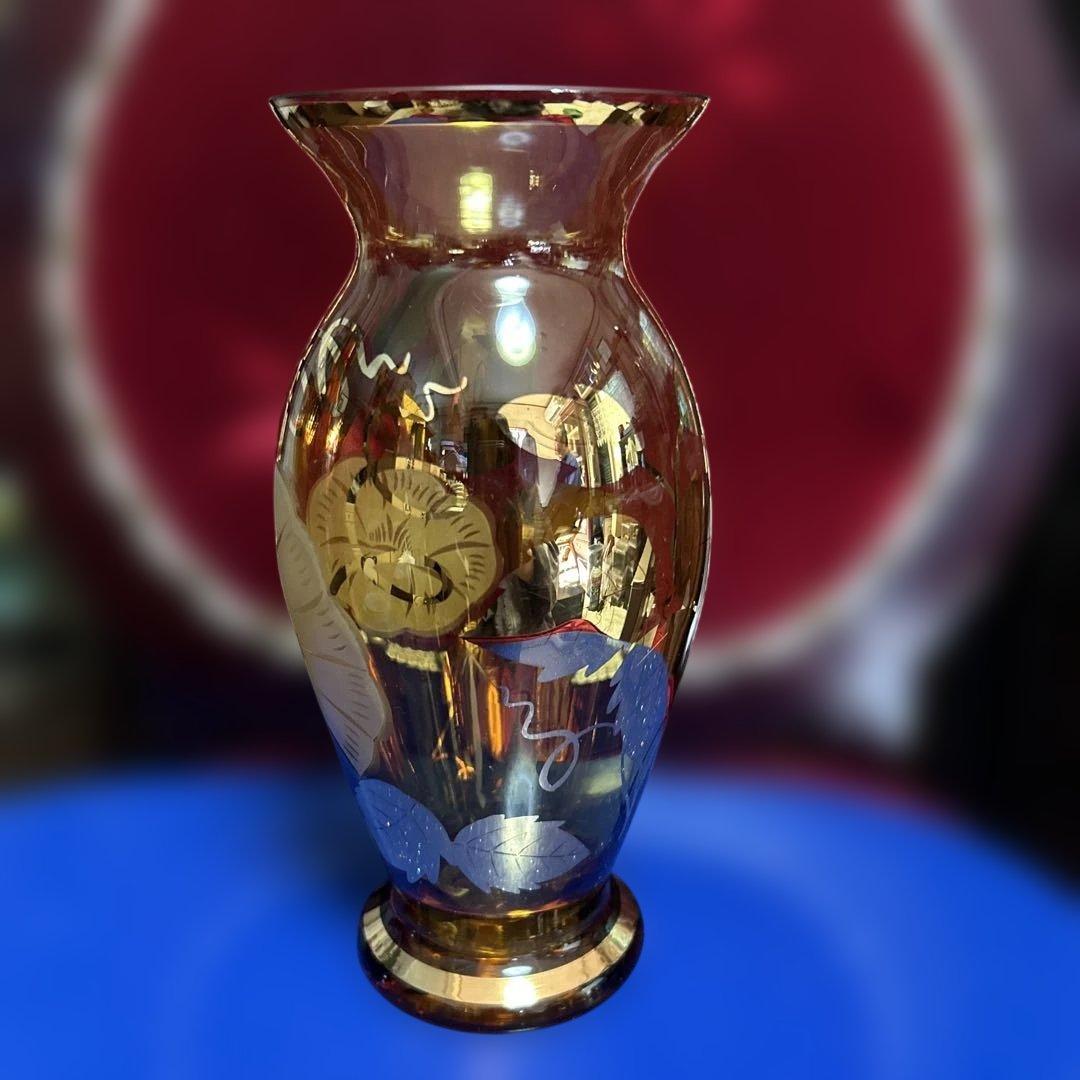 Bohemia ボヘミア花瓶　金色装飾のガラス花瓶2点　高さ26cm、23cm