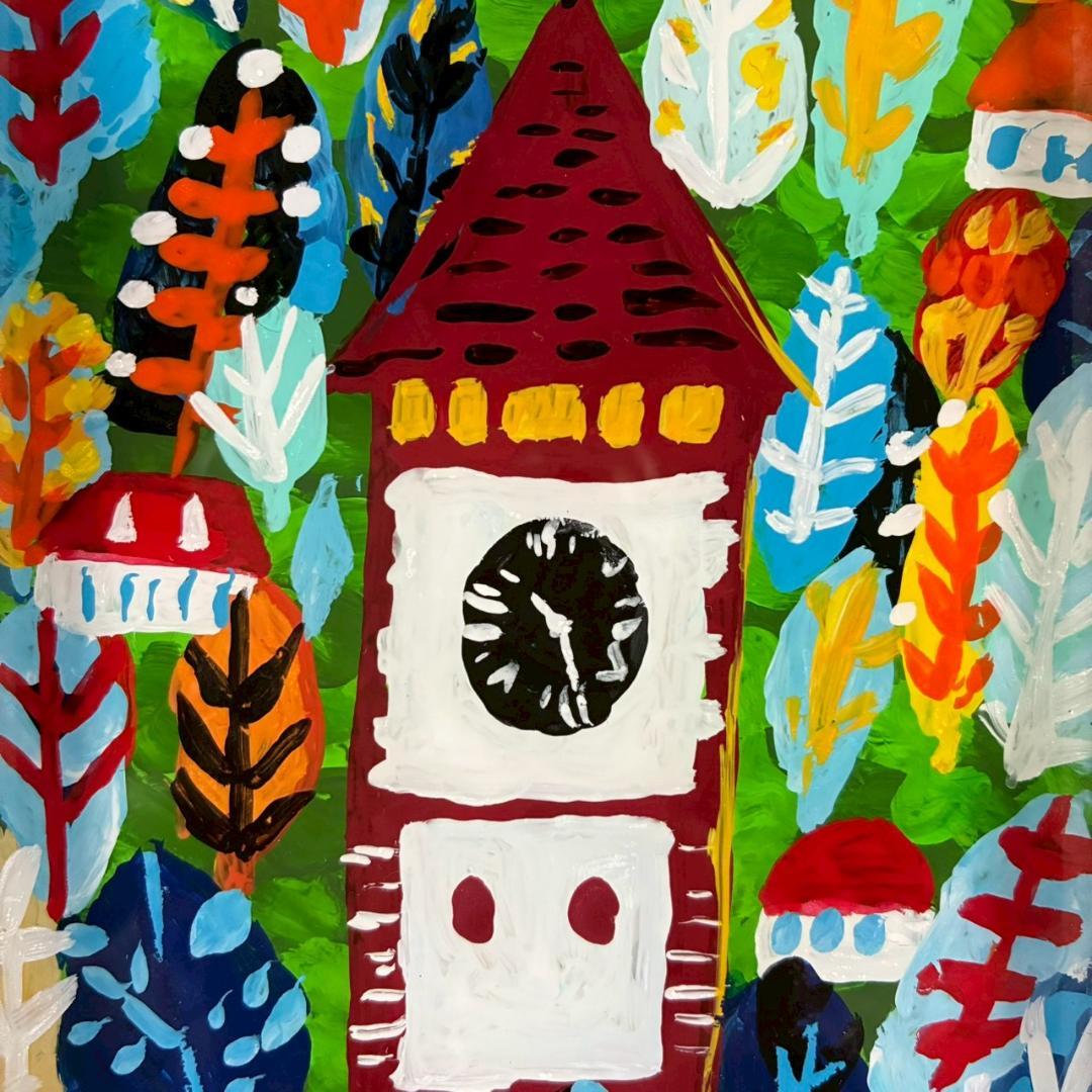 柚木沙弥郎「時計台の森」ガラス絵 肉筆 直筆サイン入 共シール 民藝 人気染色家