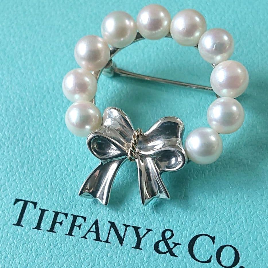 ほぼ未使用◎ティファニー 18金 コンビ・真珠 リボンブローチ No.18833