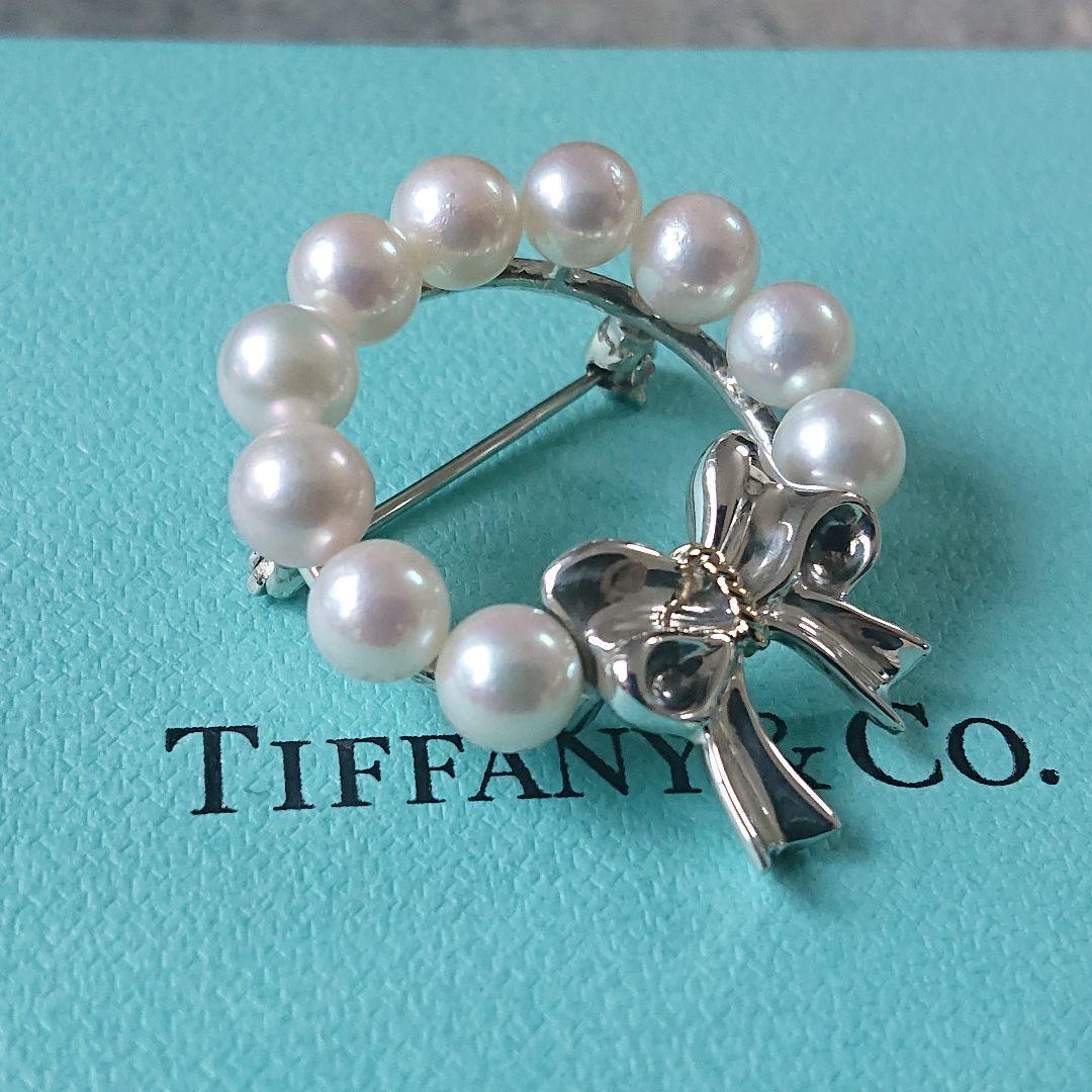 ほぼ未使用◎ティファニー 18金 コンビ・真珠 リボンブローチ No.18833