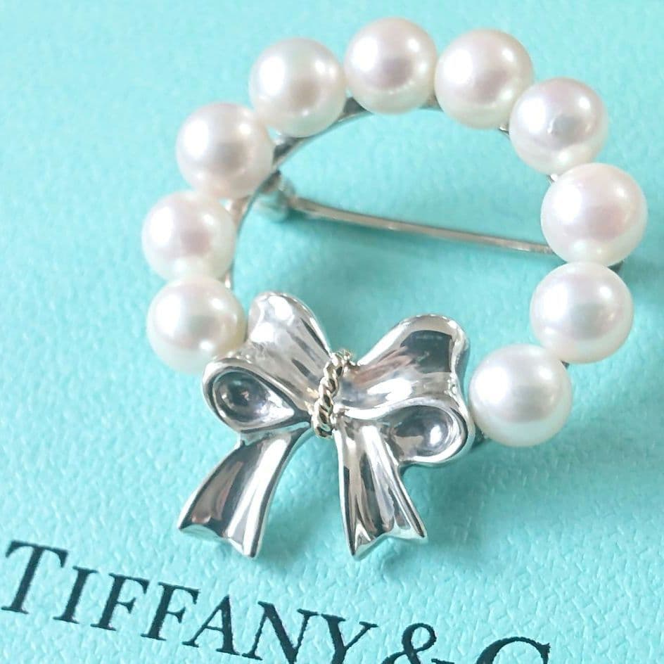 ほぼ未使用◎ティファニー 18金 コンビ・真珠 リボンブローチ No.18833