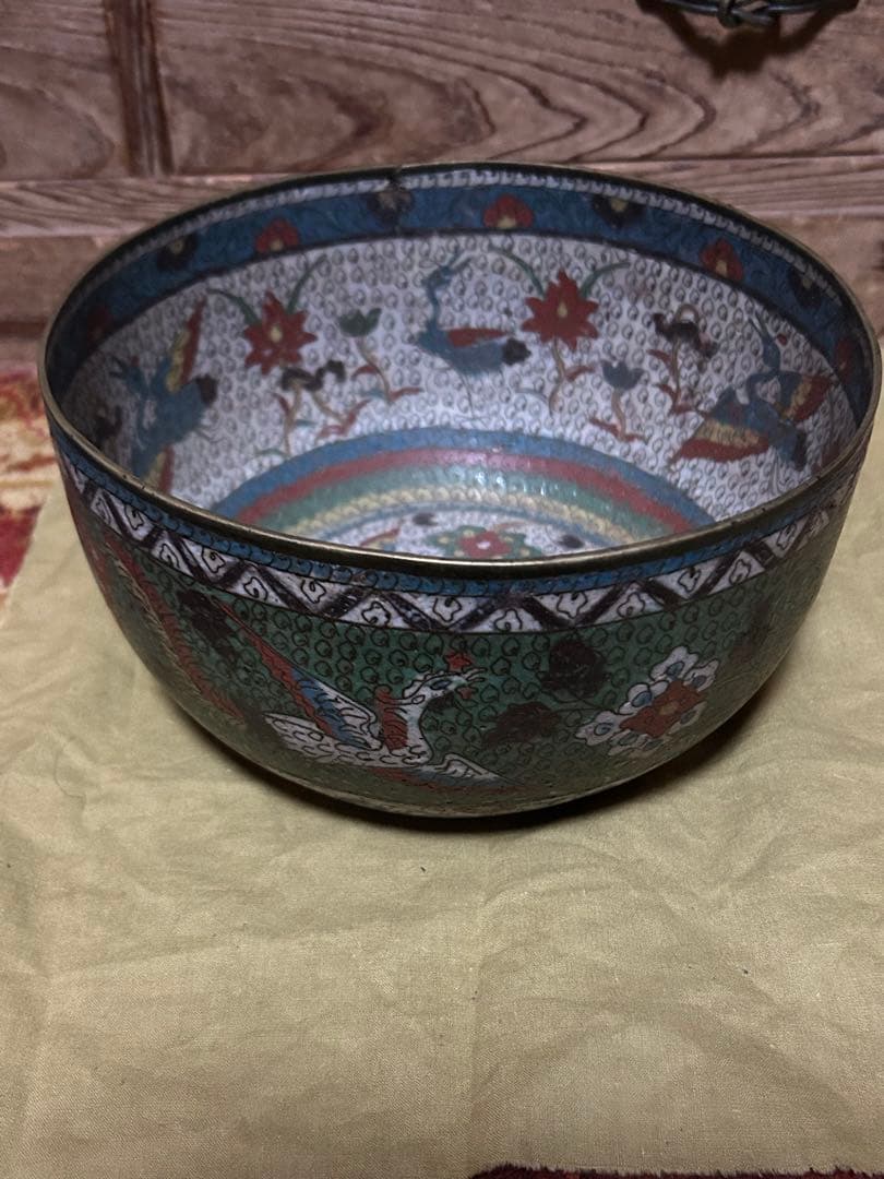 中国　明時代　花鳥文七宝　銅製　鉢　水指