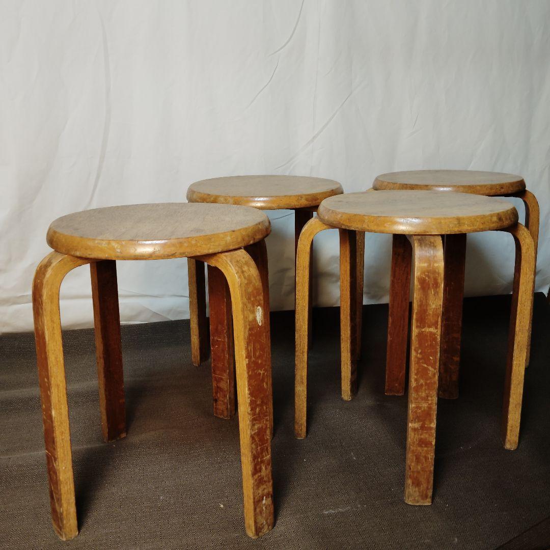木製 丸椅子 スタッキングスツール レトロ 4脚セット