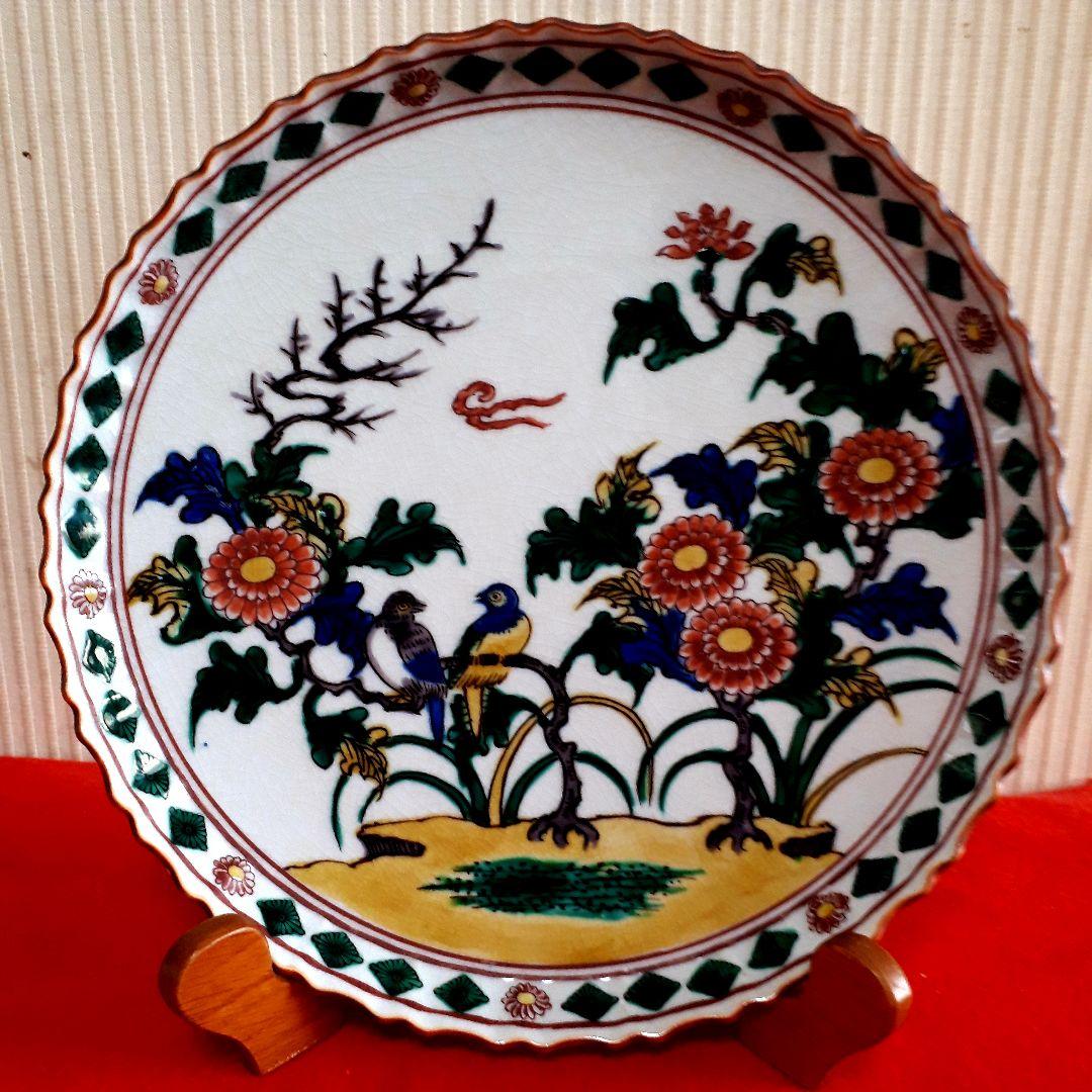 九谷焼角福花鳥図飾皿