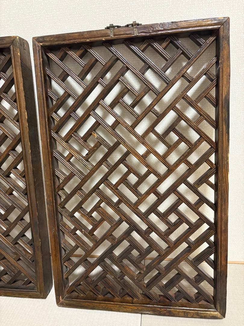 中国アンティーク☆木製建具☆シノワズリ☆欄間☆格子模様☆壁掛け装飾☆2枚セット