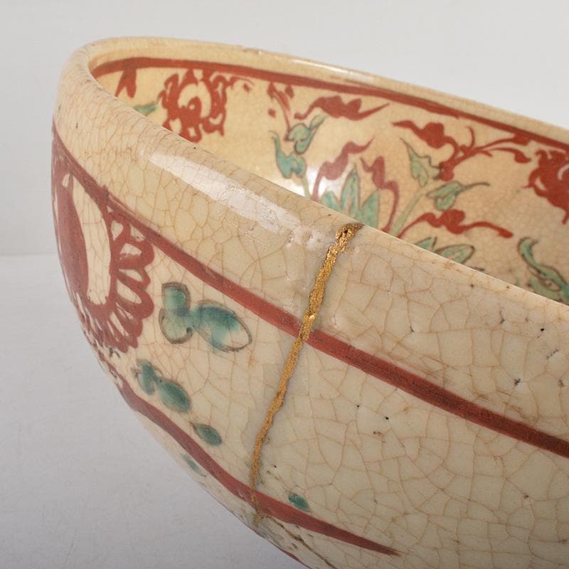 須佐焼　古須佐　赤絵花鳥文鉢　幕末ー江戸期　Ｃ　R6111F