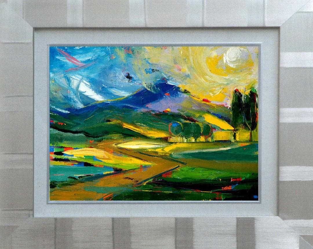 油絵 菅家令子 絵 絵画インテリア額付(青緑＋金色の枠)F4-081411風景陽