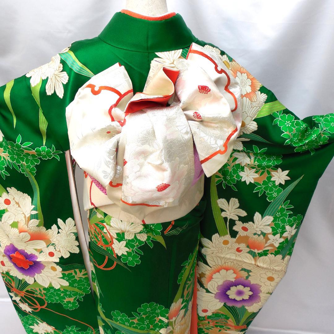 特価★ 美品　振袖フルセット　正絹　成人式　振袖　7点セット　Sサイズ　緑　花柄
