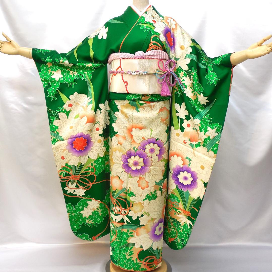 特価★ 美品　振袖フルセット　正絹　成人式　振袖　7点セット　Sサイズ　緑　花柄