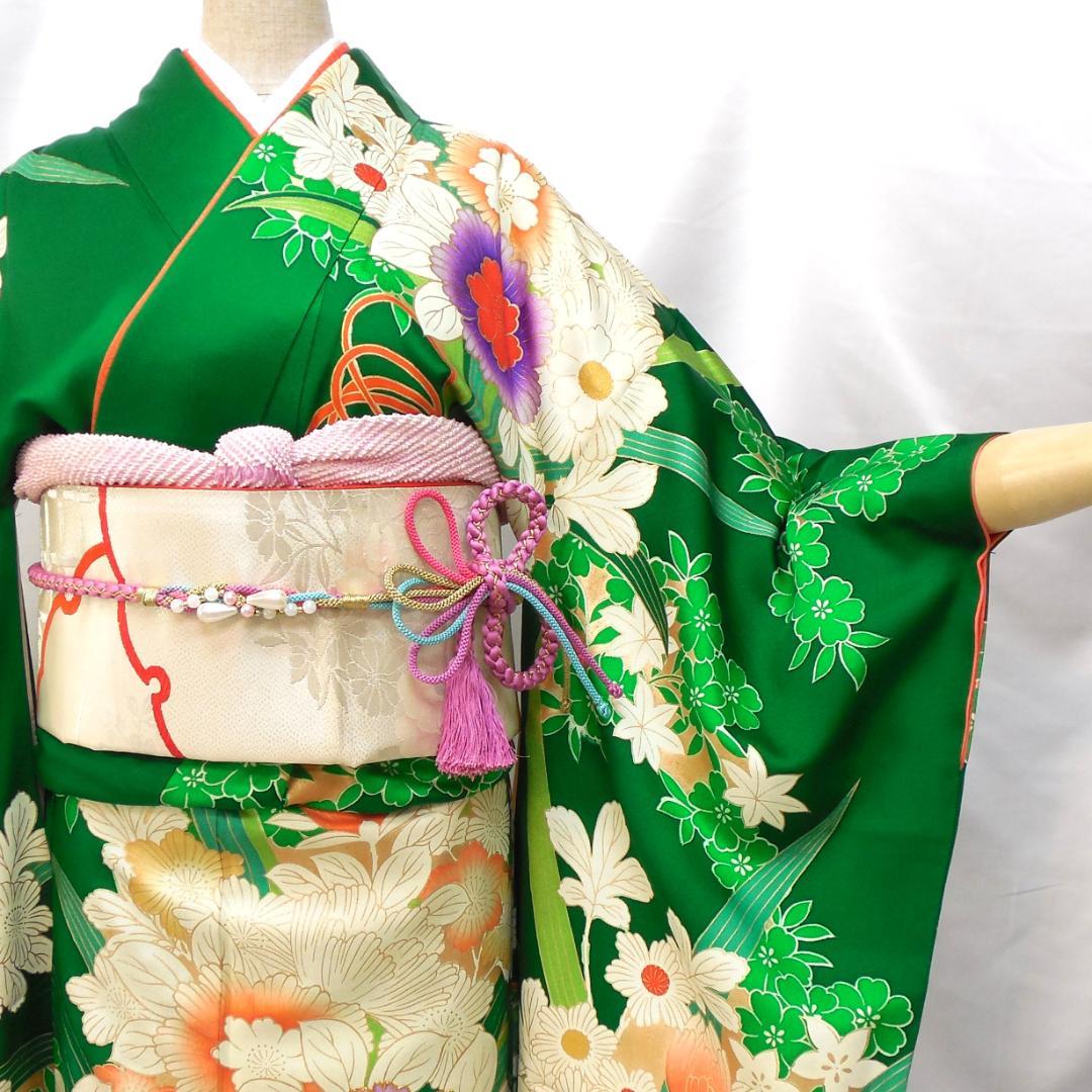 特価★ 美品　振袖フルセット　正絹　成人式　振袖　7点セット　Sサイズ　緑　花柄