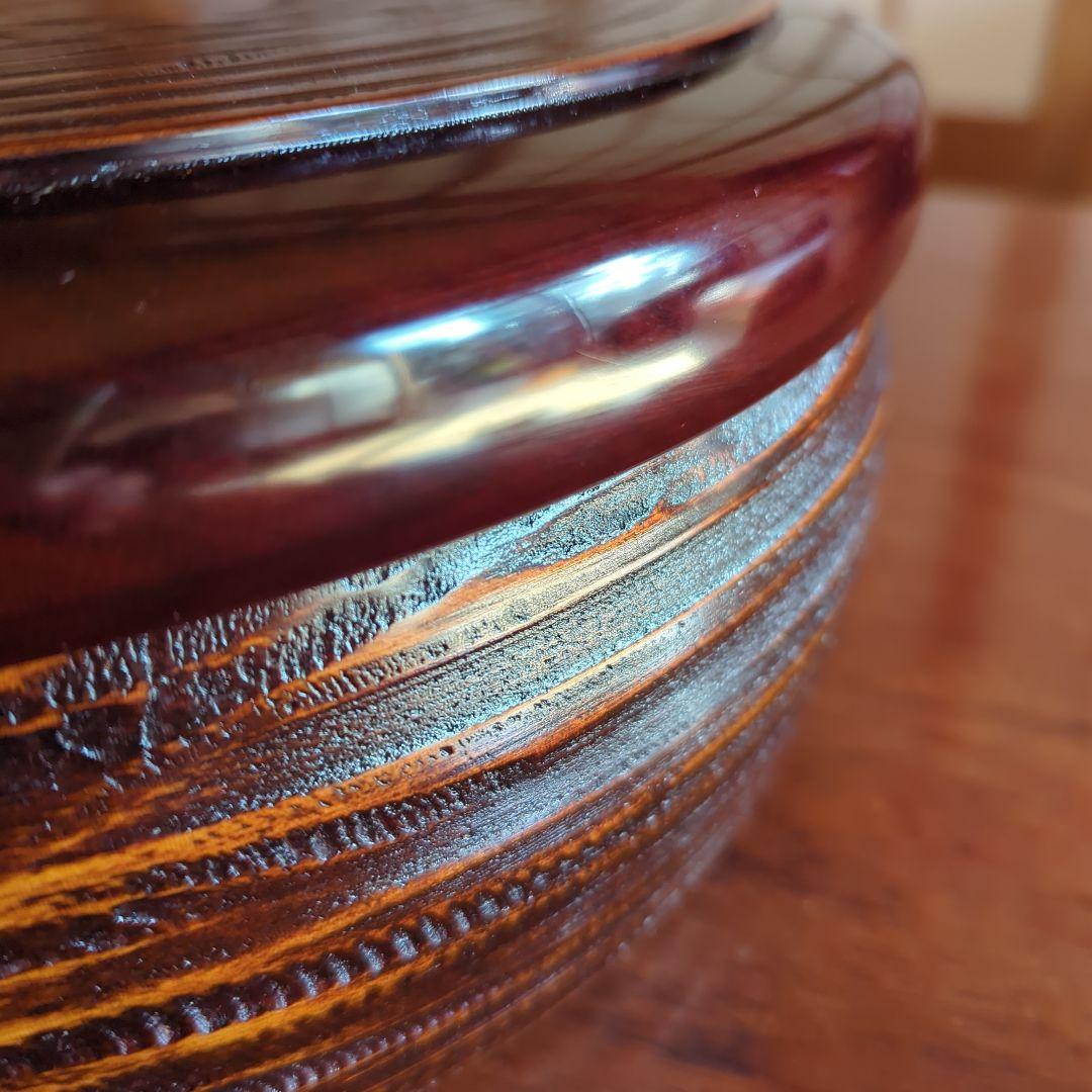 茶道具　漆器　木工細工　天然木　木製くり抜き茶櫃（上蓋独楽塗盆）茶器入れ　大寸