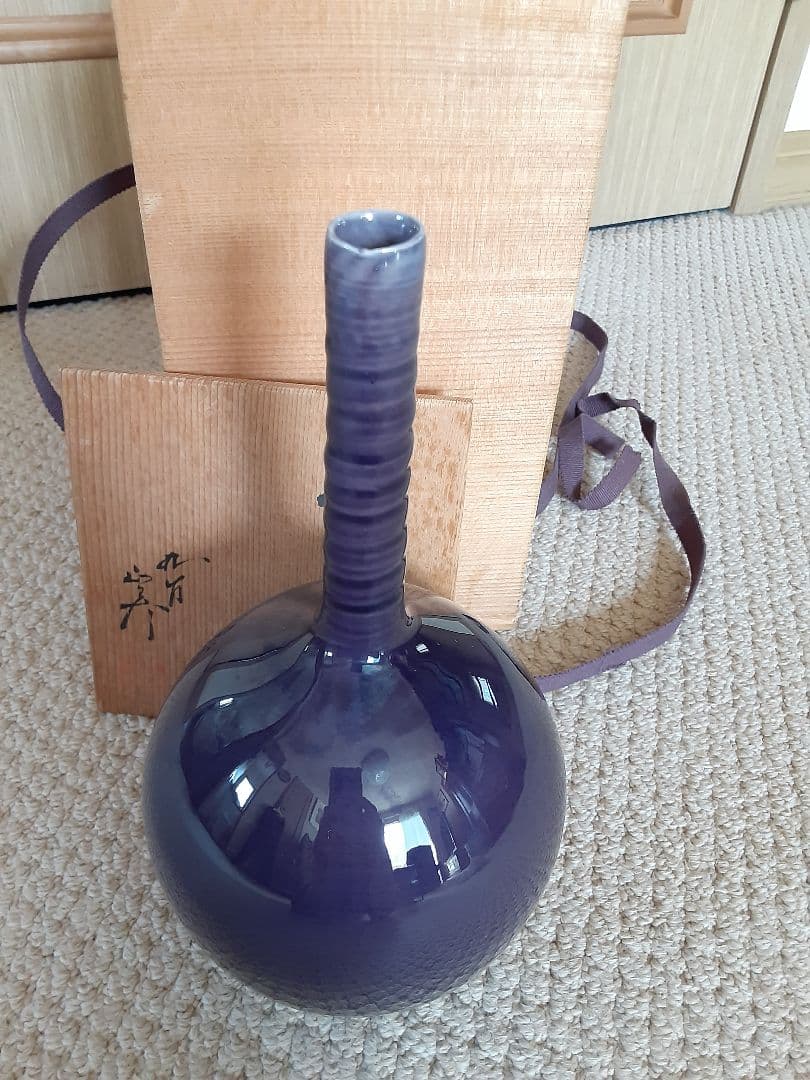 九谷焼人間国宝三代徳田八十吉の一輪挿花入/共箱付き濃紺瑠璃花瓶壺/茶華道