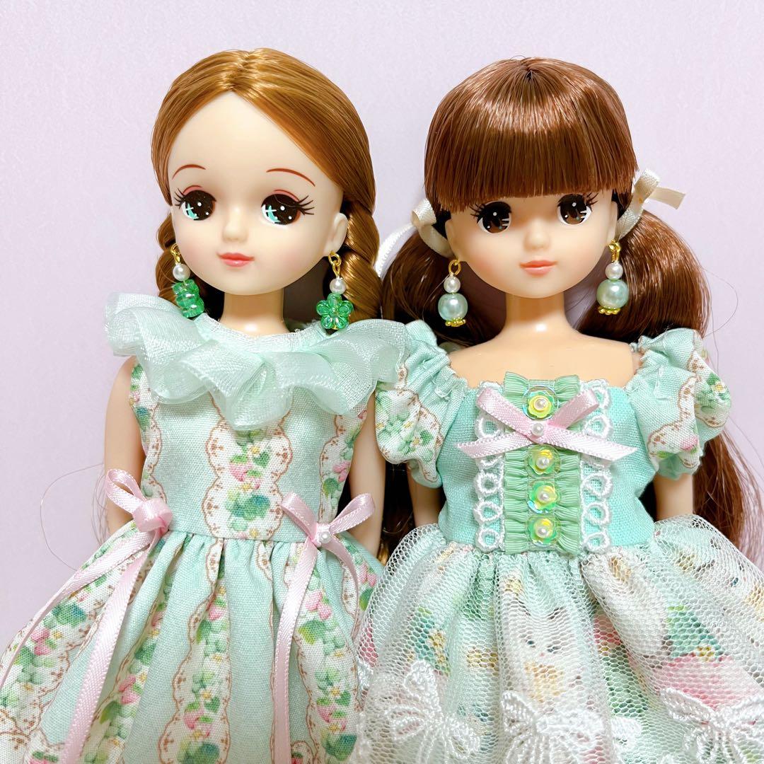 リカちゃんサイズハンドメイドワンピース&ピアスNo.2176・2177双子コーデ