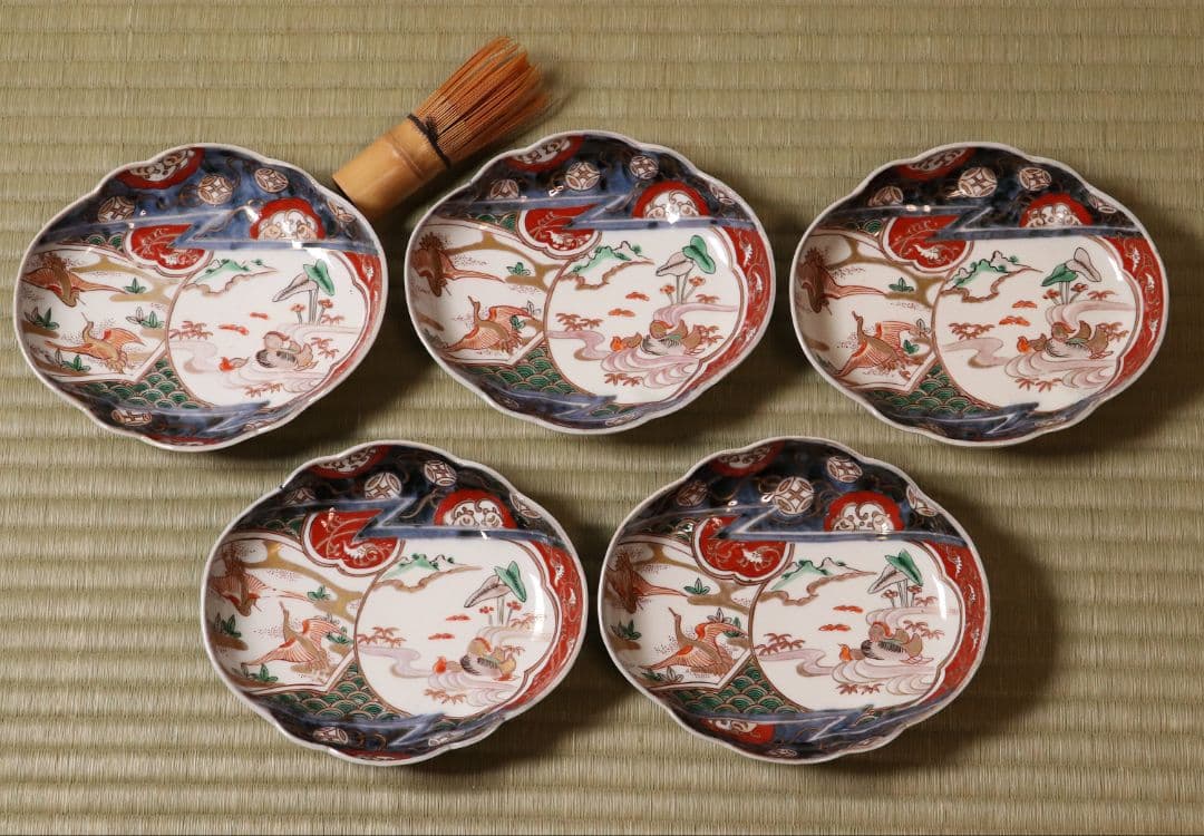 古伊万里 鳥の図 色絵 刺身皿 変形皿 五客 錦手 鴛鴦 鶴 瓢箪 CL96