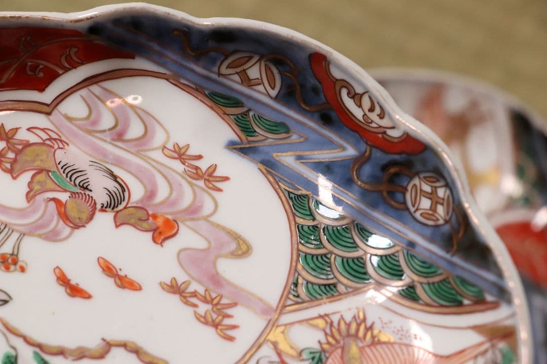 古伊万里 鳥の図 色絵 刺身皿 変形皿 五客 錦手 鴛鴦 鶴 瓢箪 CL96