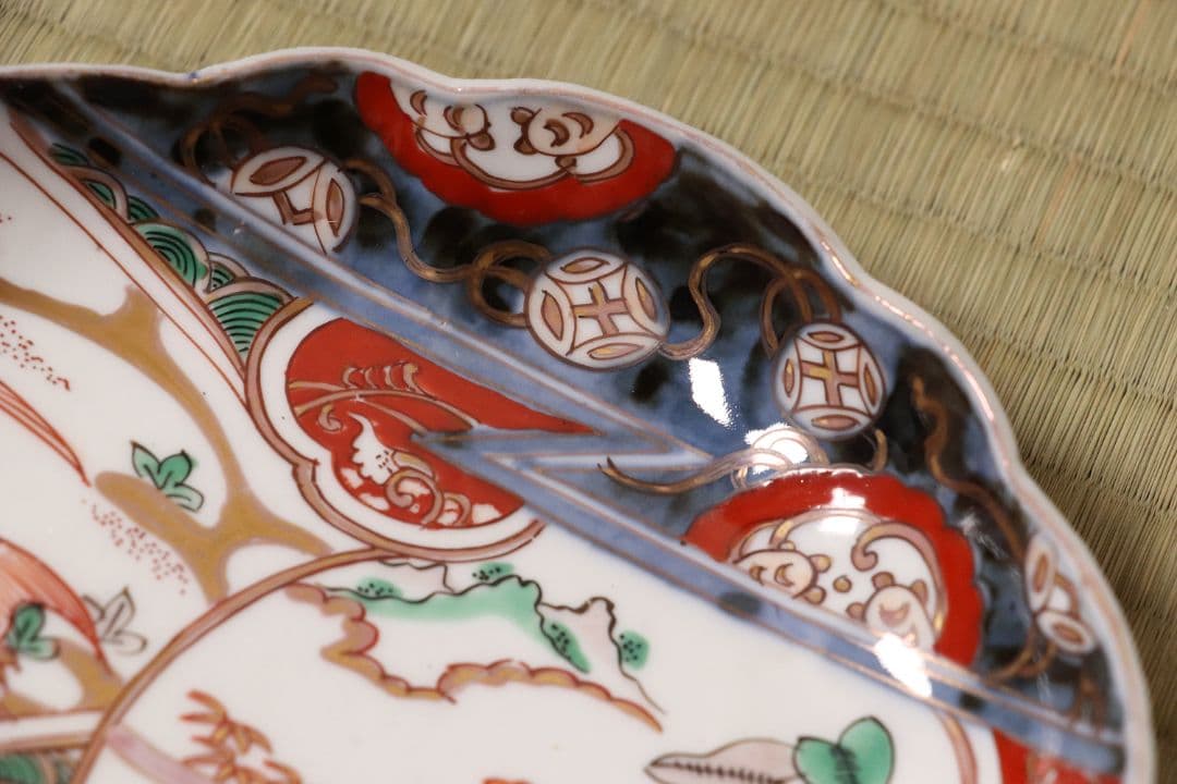 古伊万里 鳥の図 色絵 刺身皿 変形皿 五客 錦手 鴛鴦 鶴 瓢箪 CL96