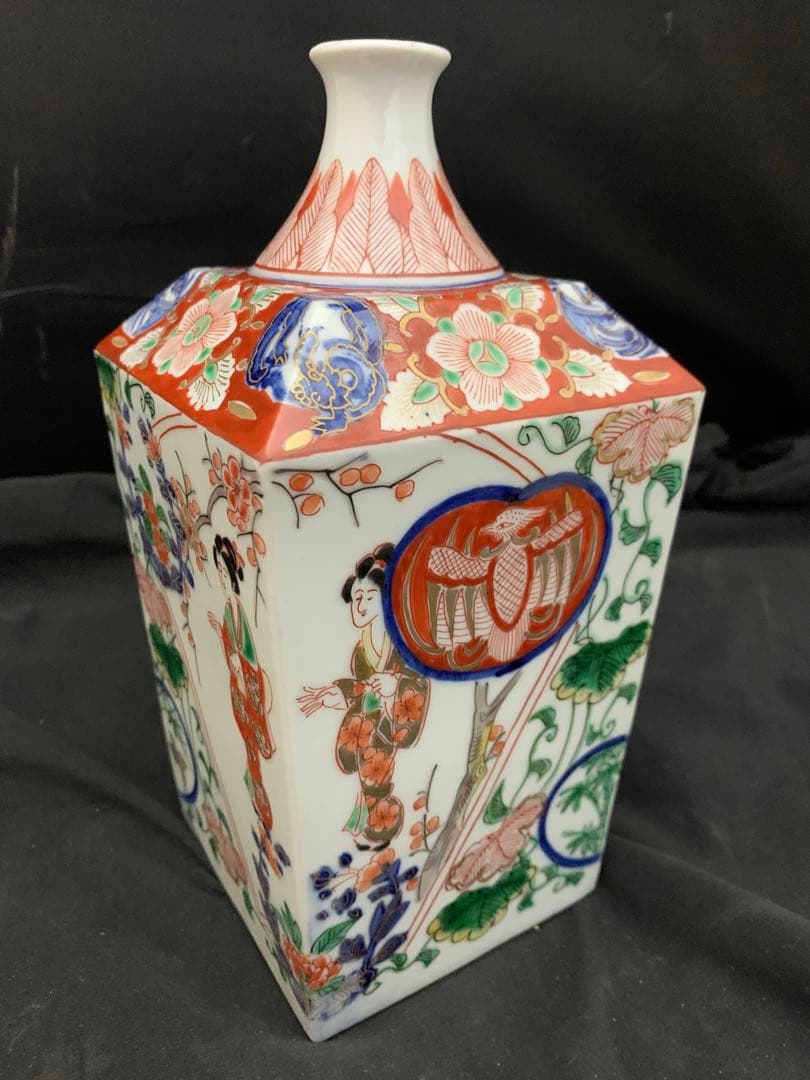 二重角福　美人画　色絵金彩　角瓶　壷　徳利　一輪挿し　古伊万里