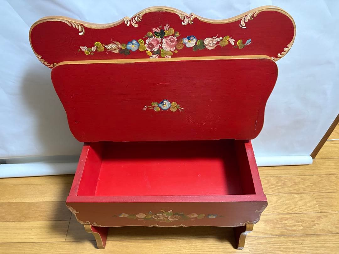 【美品】アンティークトールペイント 椅子 ベンチ 収納付