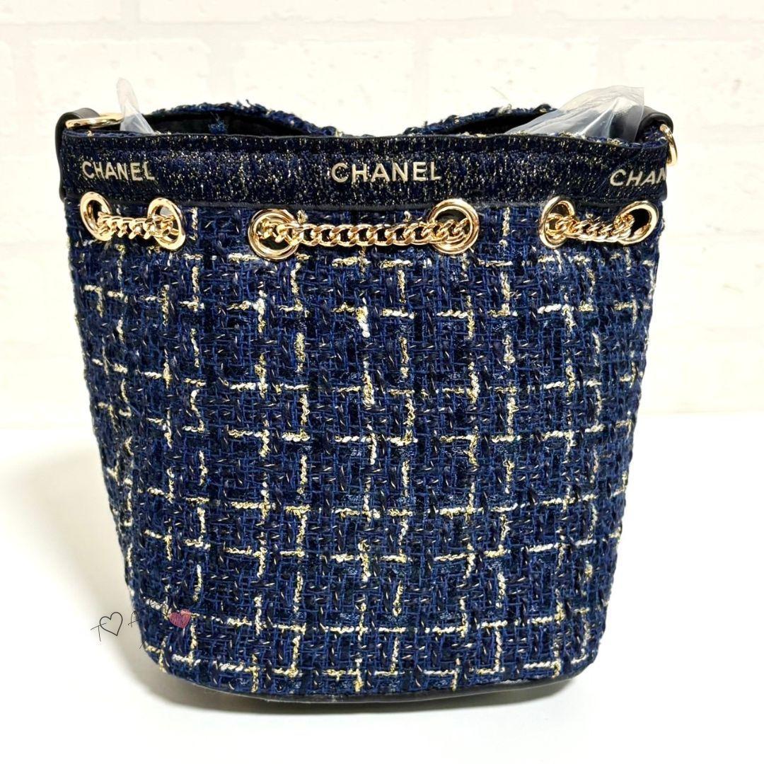 訳あり❤CHANEL❤ネイビーラメ巾着ショルダーバッグゴールドチェーン