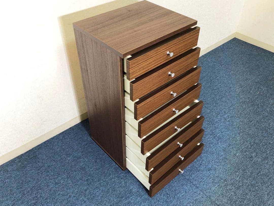 モダン風スリムチェスト 引出し8段 木目調ブラウン美品 収納家具 多目的チェスト