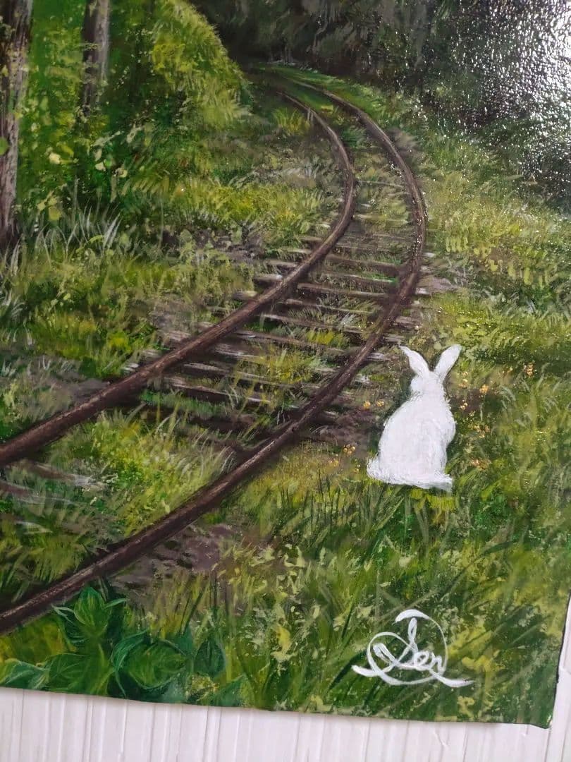 兎の油絵【廃線とウサギ】1点物/油彩画/絵画/F3号キャンバス