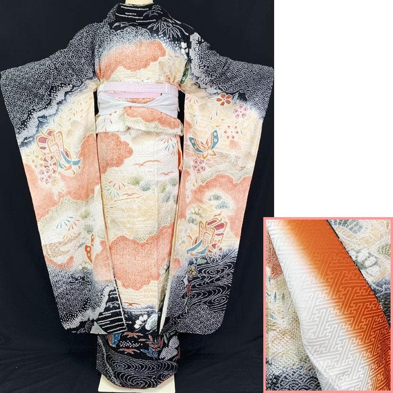 507z44☆振袖 総絞り 古典柄 金彩 ラメ 御所車 蝶☆美品 成人式 結婚式