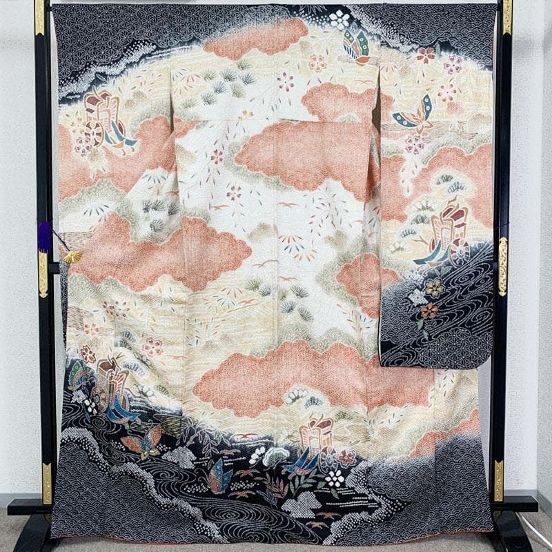 507z44☆振袖 総絞り 古典柄 金彩 ラメ 御所車 蝶☆美品 成人式 結婚式