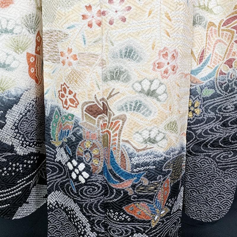 507z44☆振袖 総絞り 古典柄 金彩 ラメ 御所車 蝶☆美品 成人式 結婚式