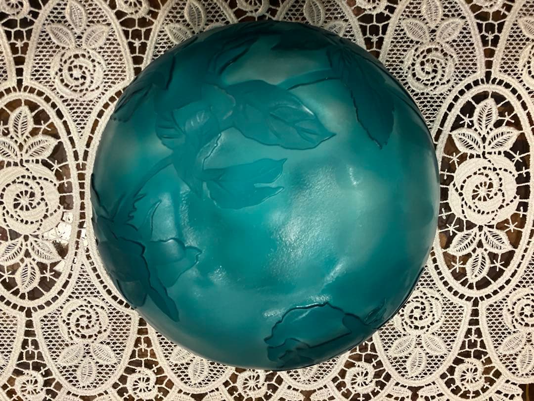 青色ガラスボウル 金属スタンド付き