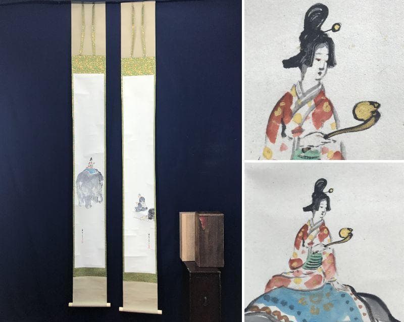 【真作】嘯谷/人物図/双幅/遊女に坊主図/掛軸/名家伝来/AC-22