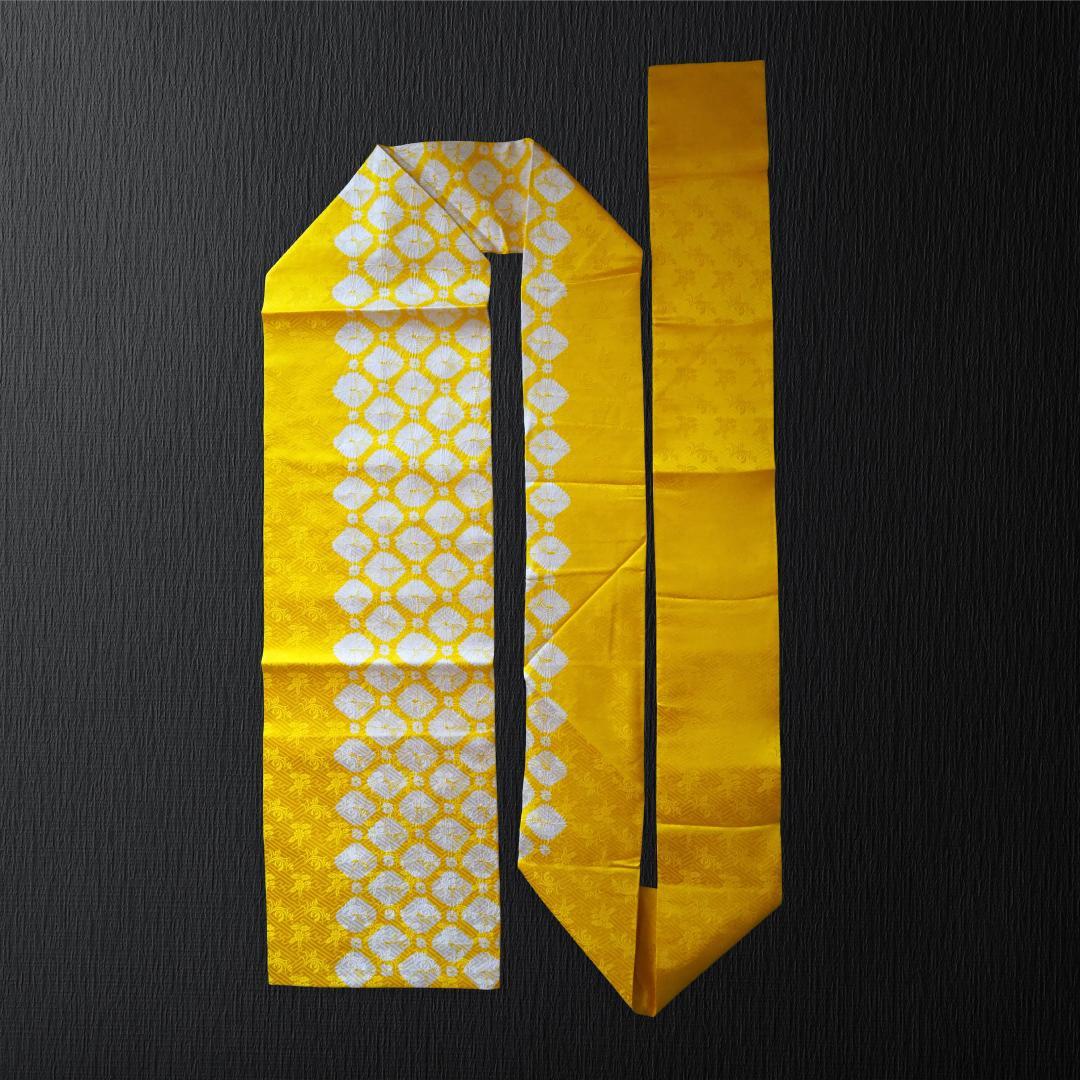 正絹 九寸名古屋帯♪ 能衣 菊唐草 絞り 地紋 紗綾形 華やかイエロー