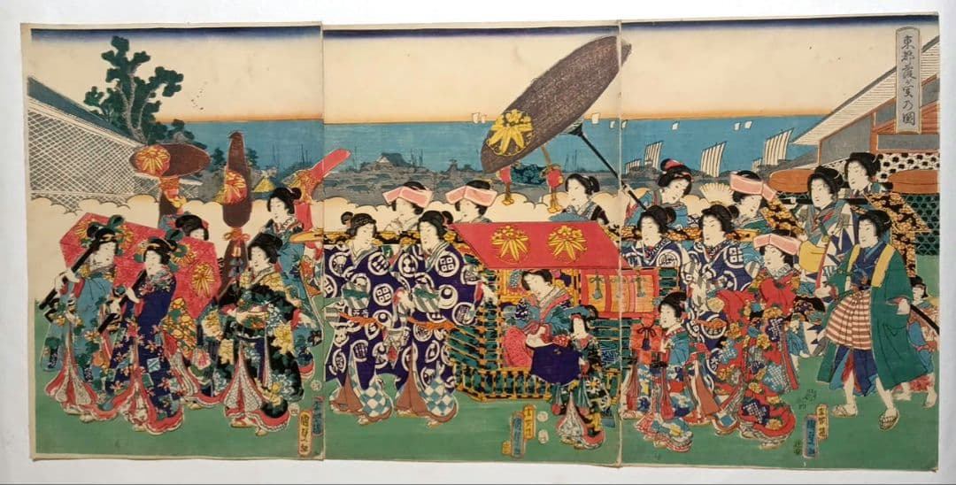 浮世絵版画東都霞ガ関乃圖三枚綴り香蝶楼国貞画（二代国貞四代豊国)安政4年出版