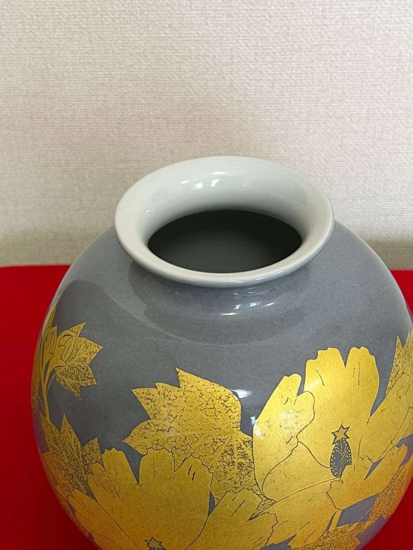 【珍色】 人間国宝 吉田美統『釉裏金彩 芙蓉文 花瓶』Y30 本物保証