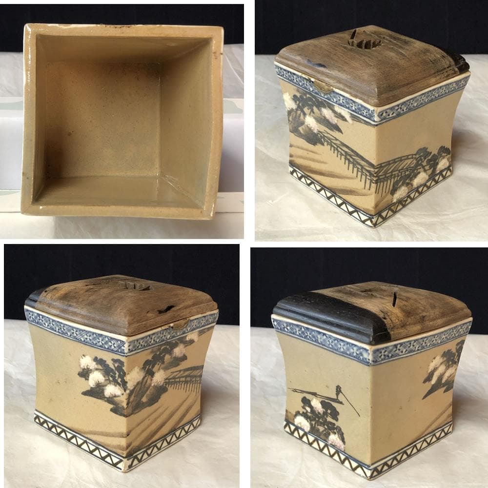 F1038 乾山 四方香炉 黒柿 火屋 木箱入り 香炉 茶道具