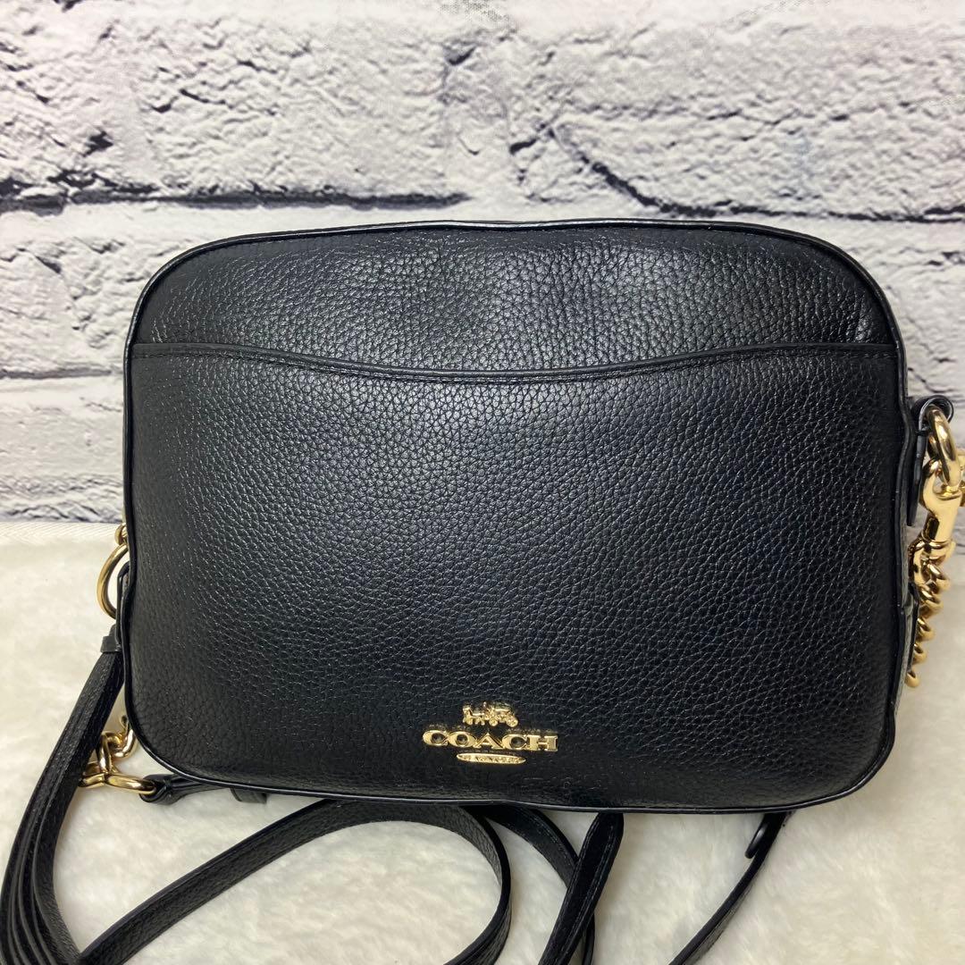美品✨コーチ カメラバッグ シボ革 チェーン ゴールド金具 ショルダーバッグ 黒