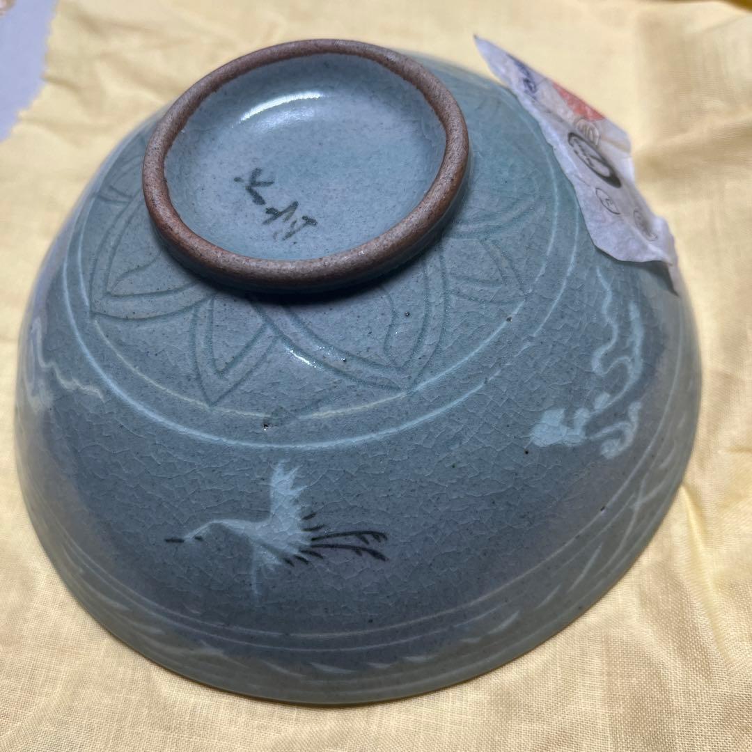 水広陶窯　李貞夏造　高麗象嵌青磁茶碗（共箱） 青磁象嵌雲鶴茶碗　李貞夏作　夏茶碗