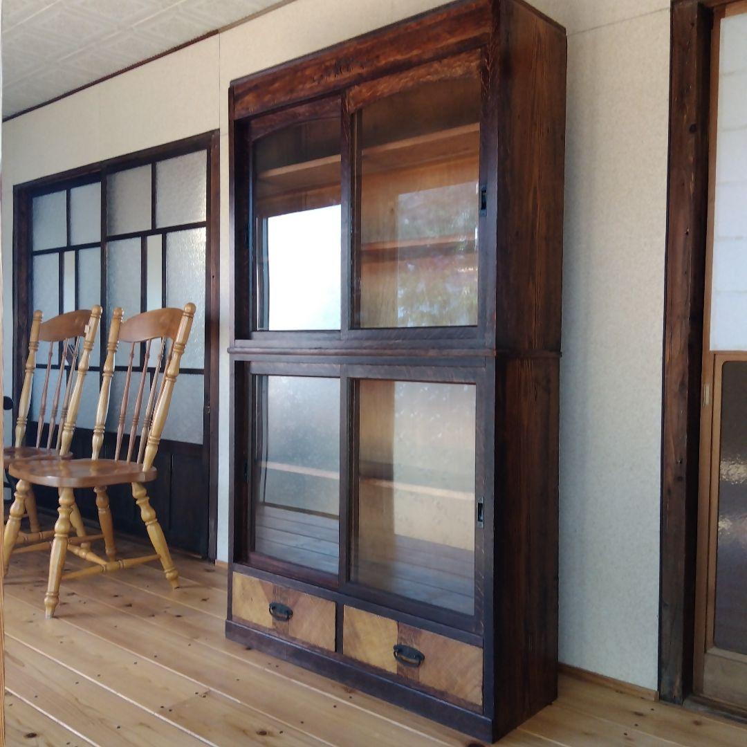 古いガラス戸棚 ガラス収納棚 ビンテージガラスキャビネット 古家具