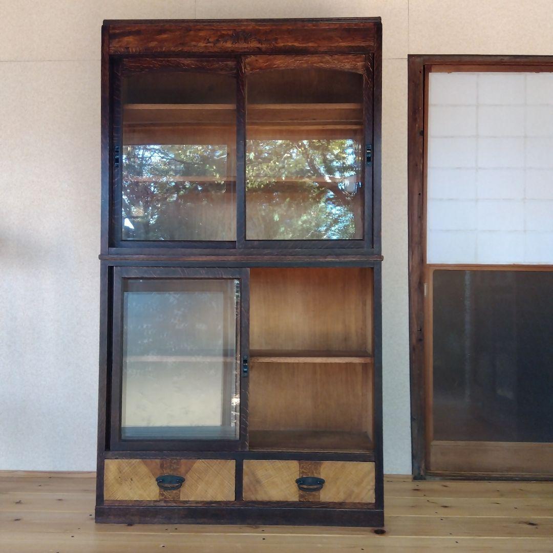 古いガラス戸棚 ガラス収納棚 ビンテージガラスキャビネット 古家具