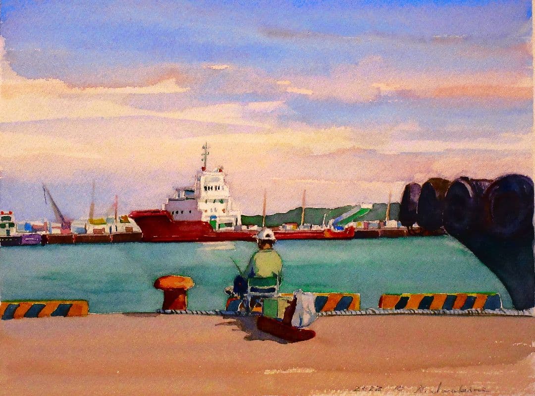 港の風景 水彩画 額装済み F6サイズ 原画