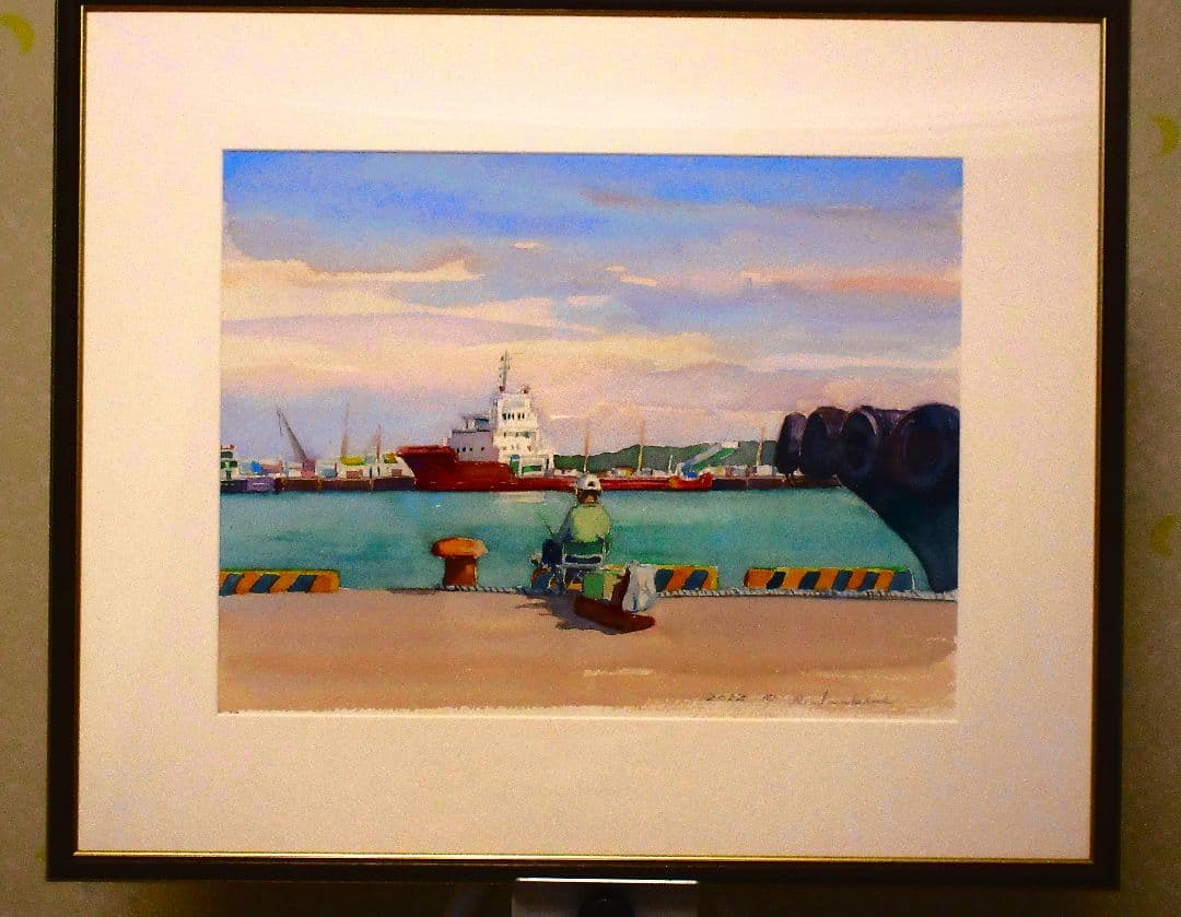 港の風景 水彩画 額装済み F6サイズ 原画