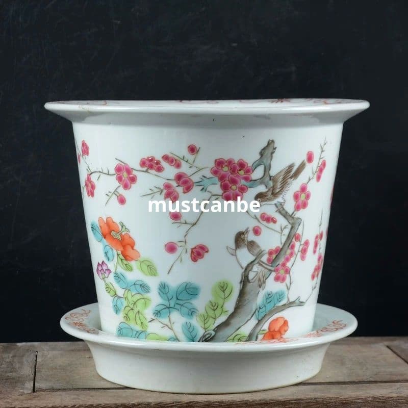 手描きパステル花鳥紋小花鉢 花鉢 盆栽鉢 装飾品 現代工芸品