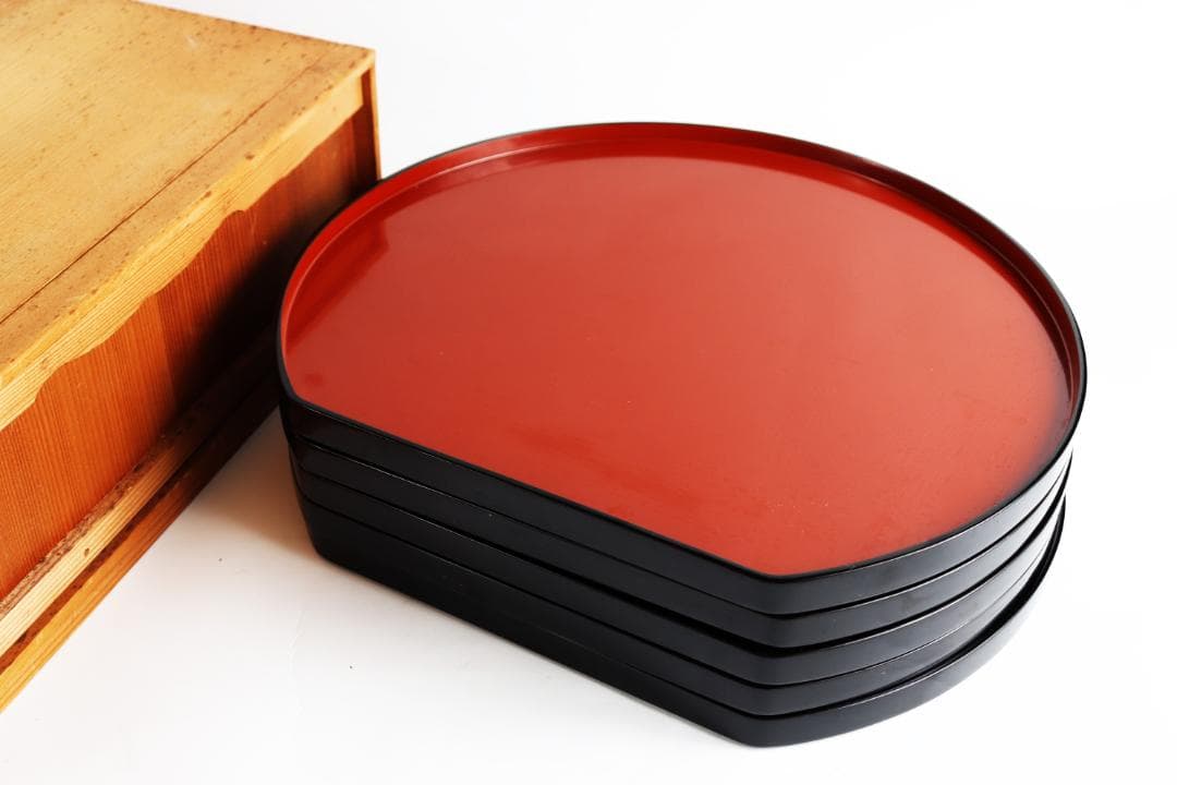 輪島塗 半月盆 卓上膳 五枚 紙箱 木箱 懐石道具会席