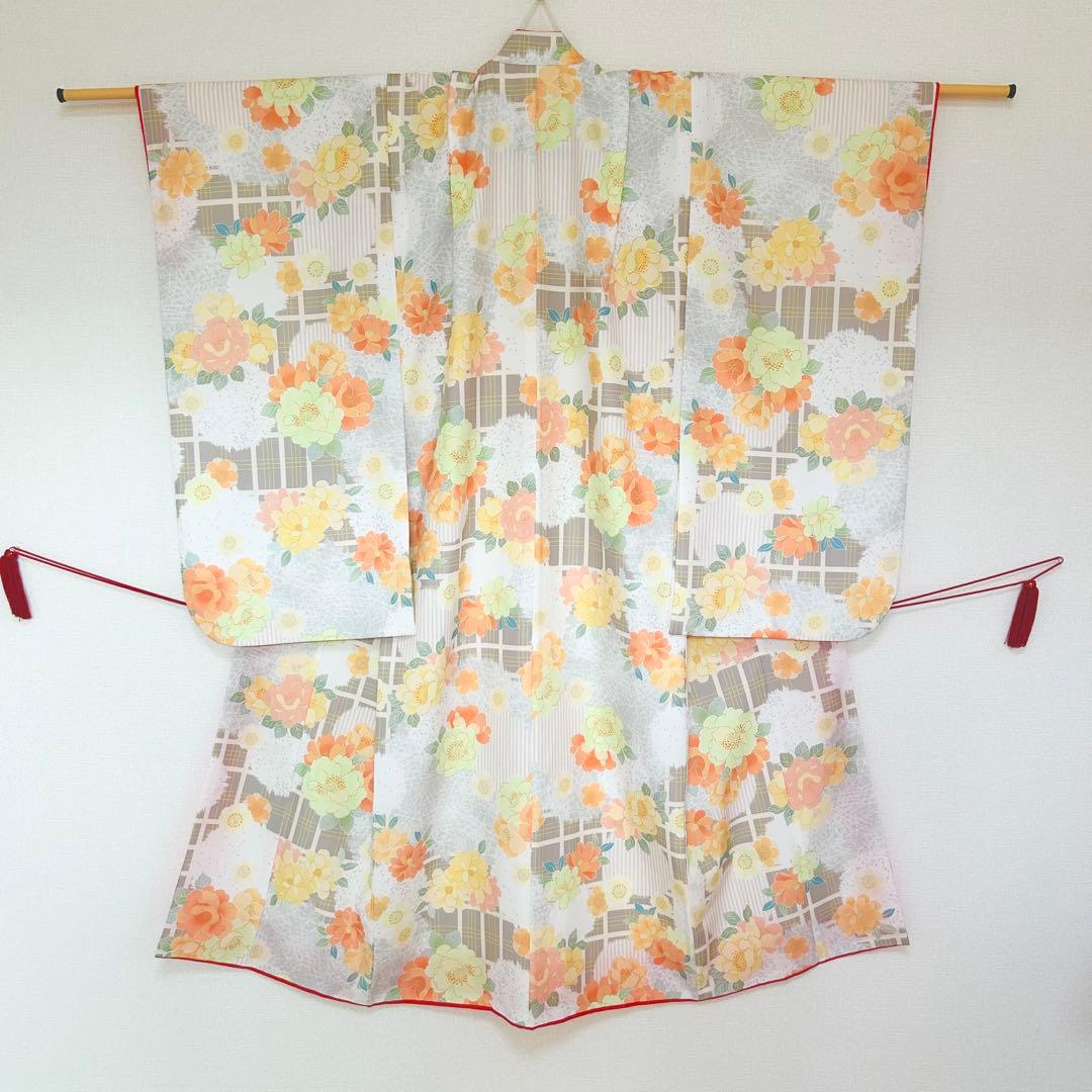 着物　七五三　7歳　女の子　13点　フルセット　オレンジ　グレージュ　格子　花文