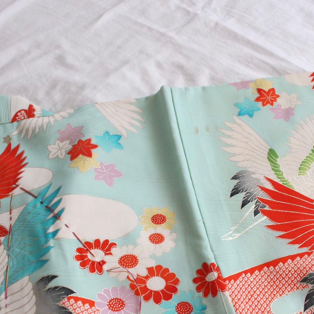 【1748】七五三 3歳 女の子 子供 アンティーク 鶴 水色 着物