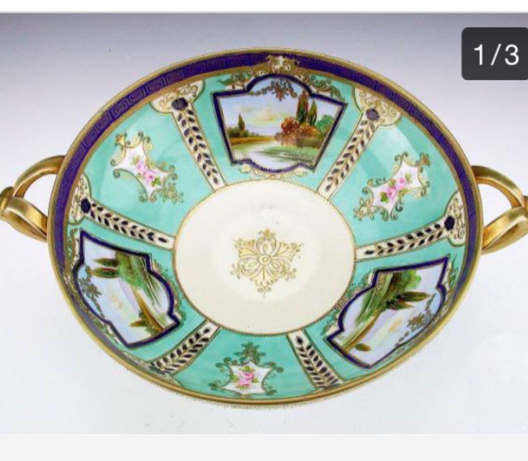 オールドノリタケ　金盛上　河畔風景紋図両耳飾り大鉢