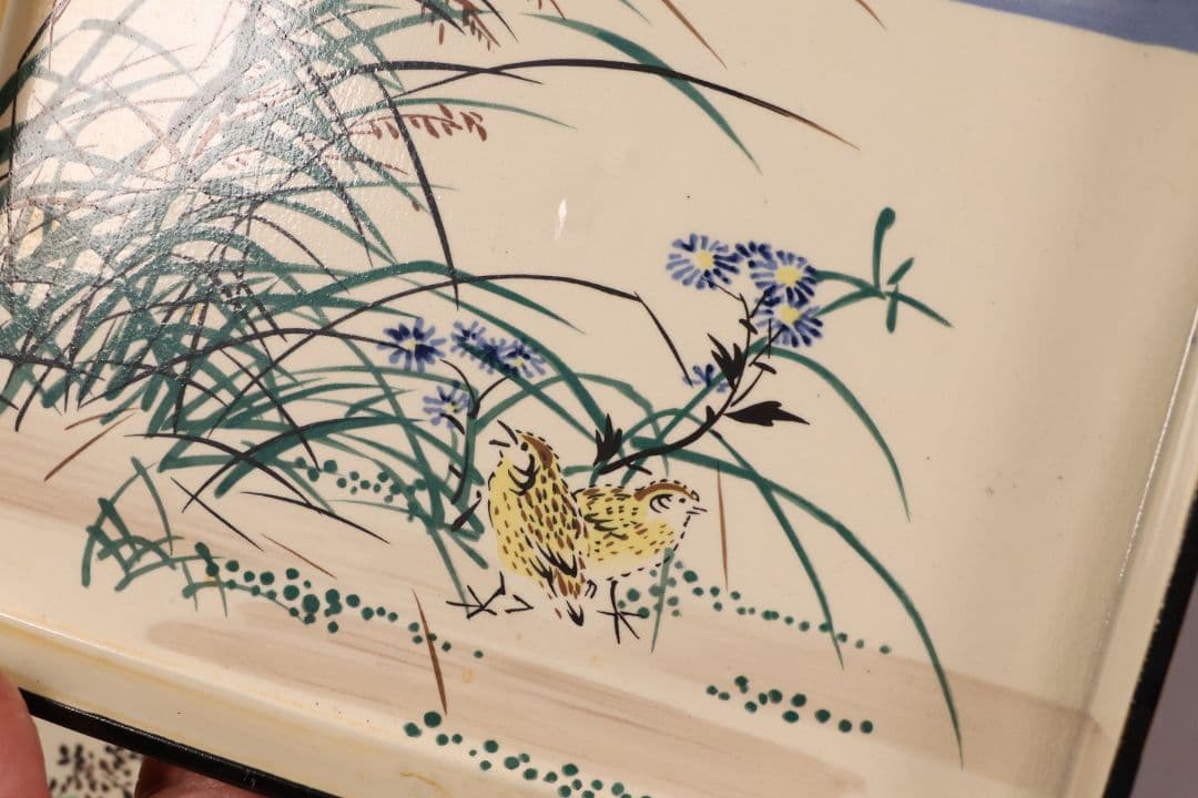 尾形乾山写 定家十二カ月花鳥和歌色絵皿 十一枚 共箱 解説書 角皿【MA498】