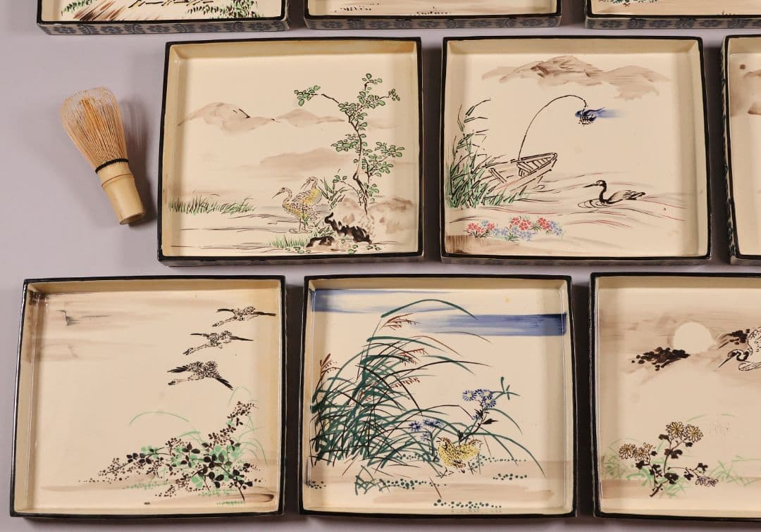 尾形乾山写 定家十二カ月花鳥和歌色絵皿 十一枚 共箱 解説書 角皿【MA498】