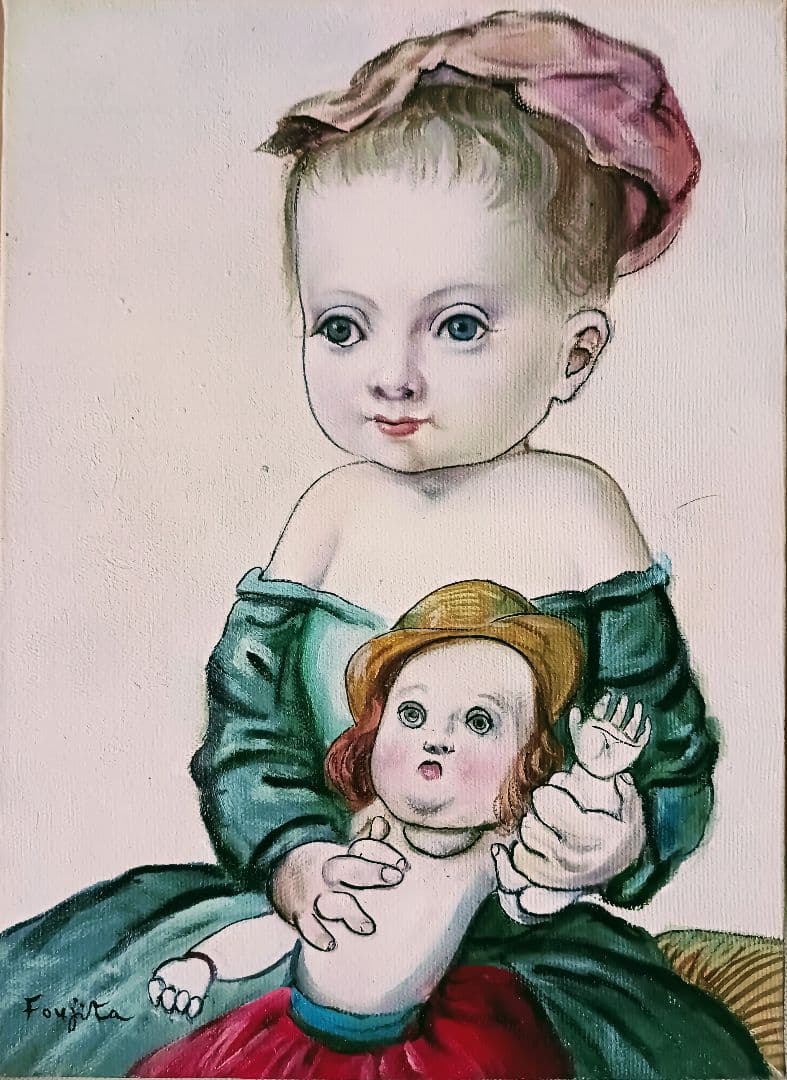 藤田嗣治「人形と少女」油彩 F4号 肉筆 サインあり