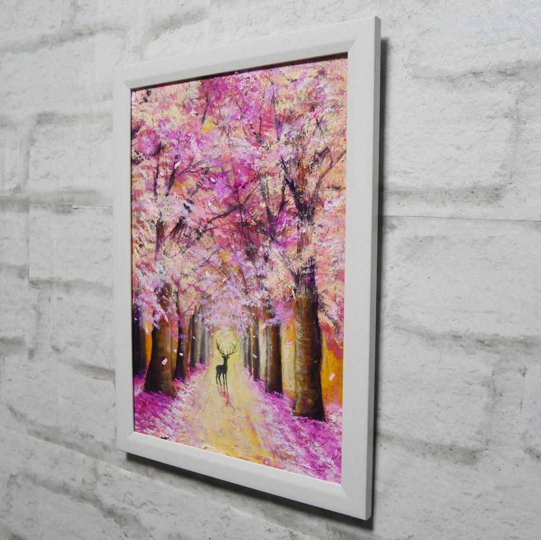 油絵 油彩 油彩画 絵 絵画【春景色の中で桜に立つ鹿】